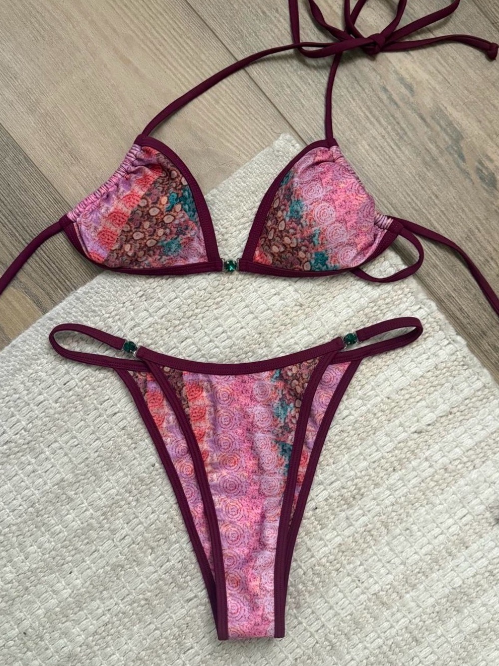 SoLD! Strawberry Milk Mob Pink Floral Bikini with Burgundy Trim